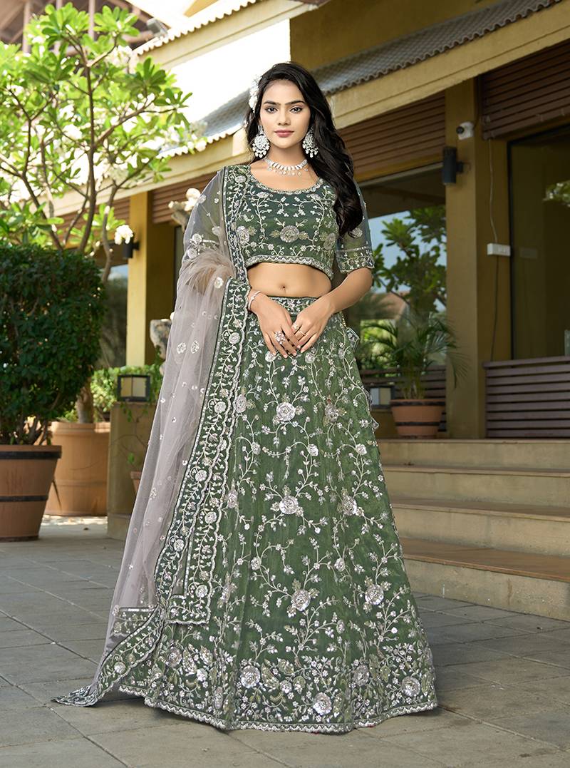 Green Embroidered Lehenga Choli In Tissue