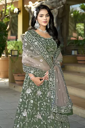 Green Embroidered Lehenga Choli In Tissue
