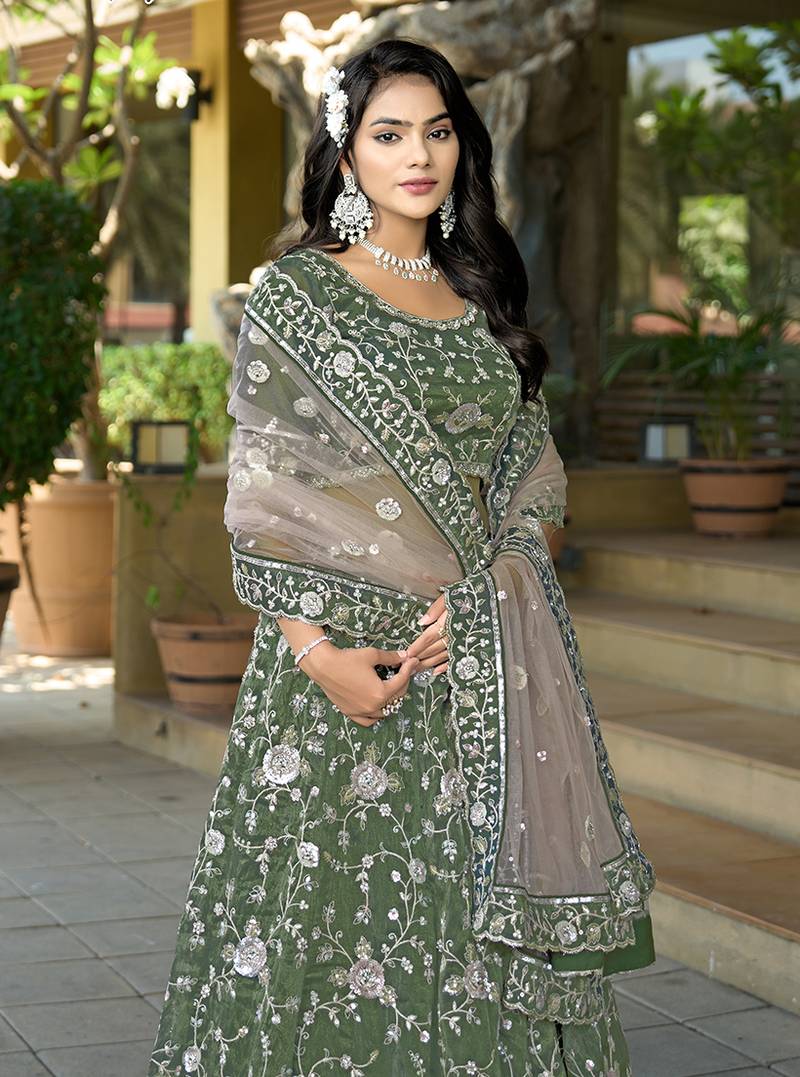 Green Embroidered Lehenga Choli In Tissue