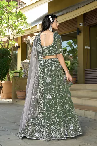 Green Embroidered Lehenga Choli In Tissue