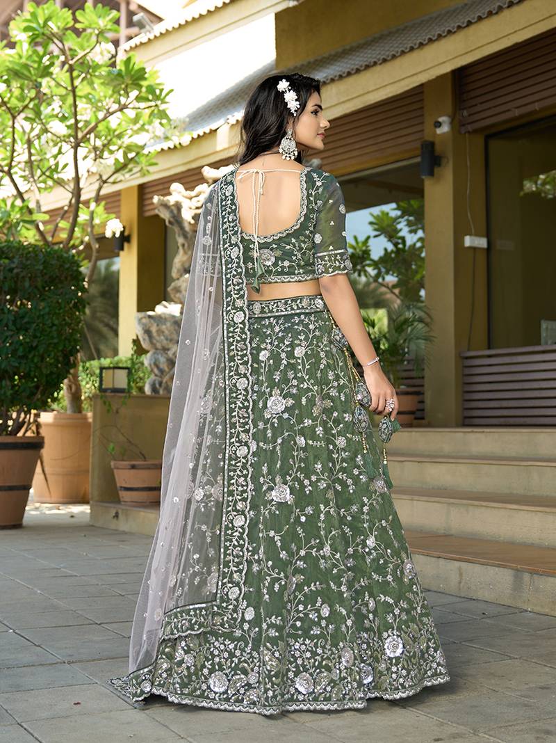 Green Embroidered Lehenga Choli In Tissue