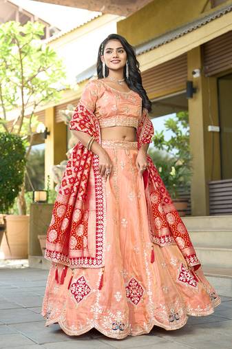 Embroidered Work Viscose Lehenga Choli in Peach for Festival