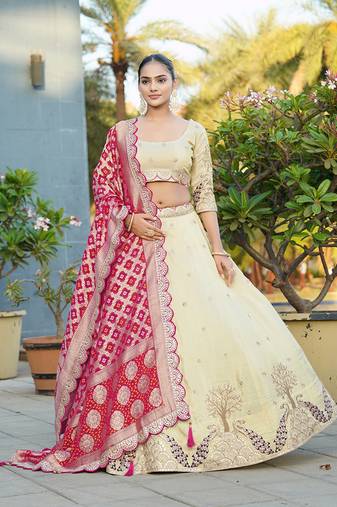 Embroidered Work Viscose Lehenga Choli in Cream for Festival