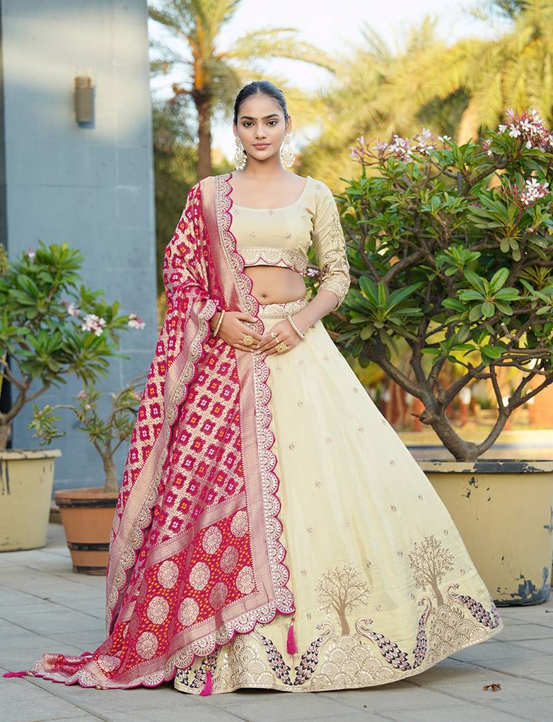 Embroidered Work Viscose Lehenga Choli in Cream for Festival