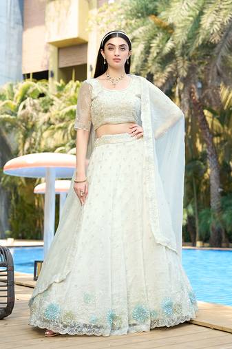 White Embellished Lehenga Choli In Organza
