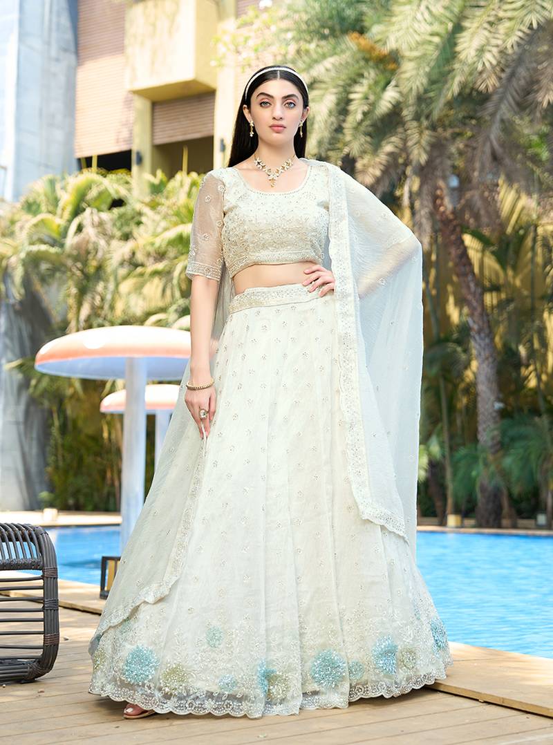 White Embellished Lehenga Choli In Organza