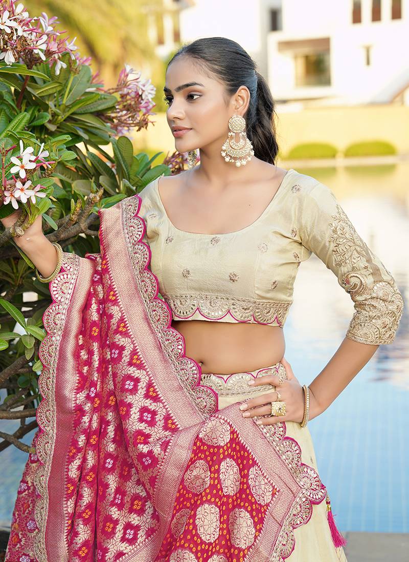 Embroidered Work Viscose Lehenga Choli in Cream for Festival