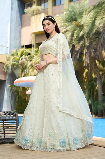 White Embroidered Lehenga Choli In Organza