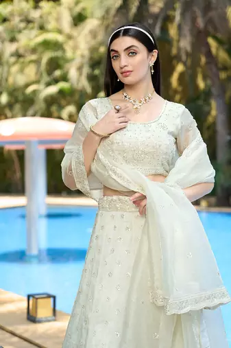 White Embroidered Lehenga Choli In Organza