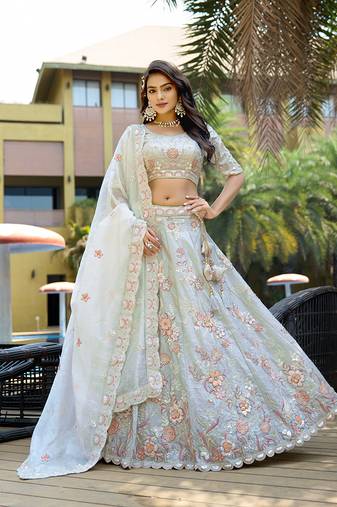 Silk Embroidered Light Grey Designer Lehenga Choli