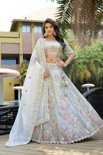 Silk Embroidered Light Grey Designer Lehenga Choli