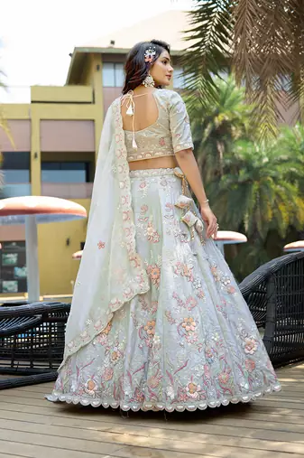 silk blend Embroidered Light Grey Lehenga Choli