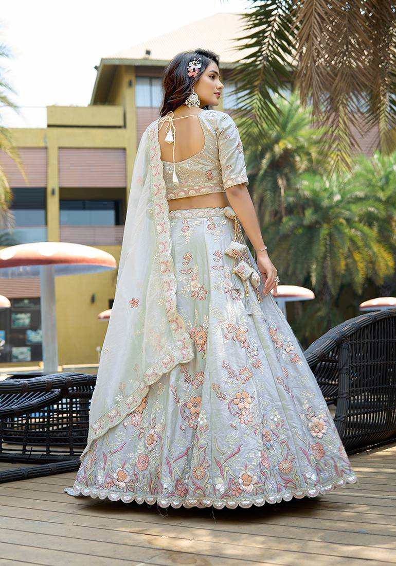 Silk Embroidered Light Grey Designer Lehenga Choli
