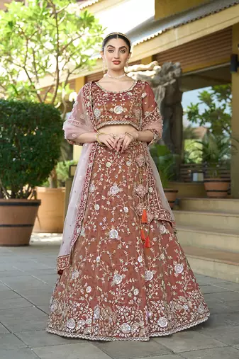 Brown Tissue Embellished Lehenga Choli