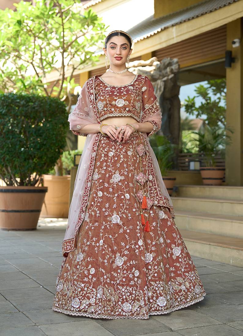 Brown Tissue Embellished Lehenga Choli