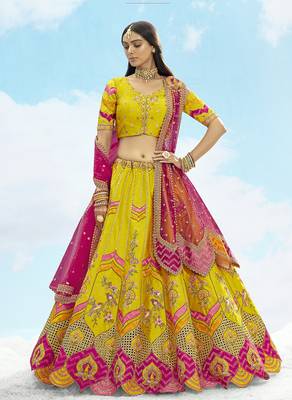 Yellow & Pink silk blend Embroidered Bridal Lehenga Choli 1