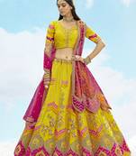 Yellow & Pink Silk Heavy Embroidered Bridal Lehenga Choli