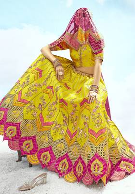 Yellow & Pink silk blend Embroidered Bridal Lehenga Choli 2