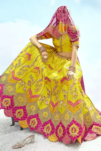 Yellow & Pink silk blend Embroidered Bridal Lehenga Choli