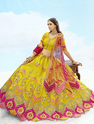 Yellow & Pink silk blend Embroidered Bridal Lehenga Choli 3