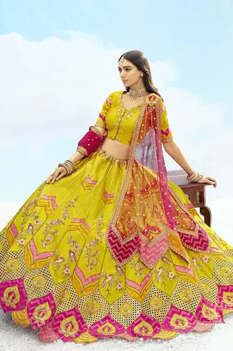 Yellow & Pink silk blend Embroidered Bridal Lehenga Choli