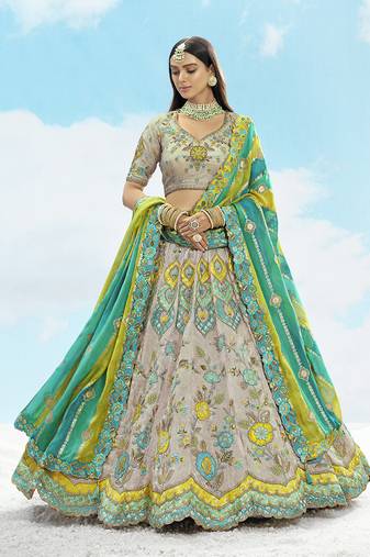 Light Grey & Sea Green Silk Bridal Lehenga Choli with Sequence Embroidery