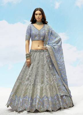 Grey & Light Blue silk blend Embroidered Wedding Lehenga Choli 1