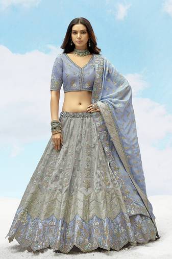 Grey & Light Blue Silk Heavy Embroidered Wedding Lehenga Choli