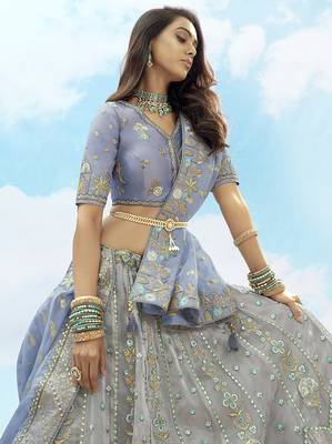 Grey & Light Blue silk blend Embroidered Wedding Lehenga Choli 2