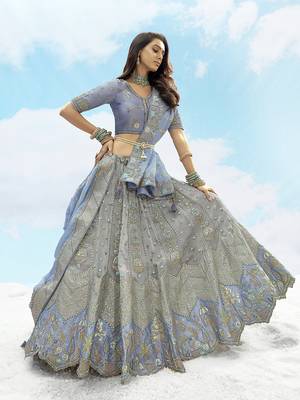 Grey & Light Blue silk blend Embroidered Wedding Lehenga Choli 3