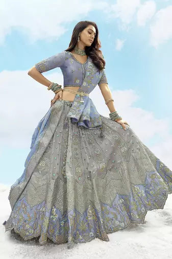 Grey & Light Blue silk blend Embroidered Wedding Lehenga Choli