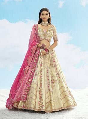 Cream & Pink silk blend Embroidered Lehenga Choli 1