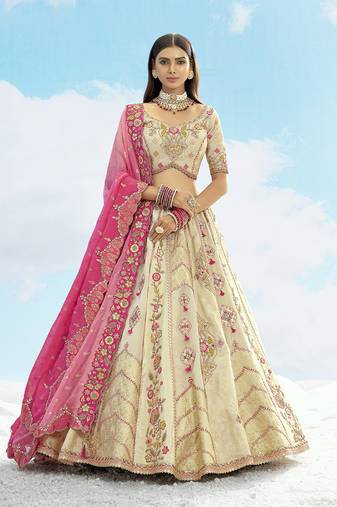 Cream & Pink Silk Wedding Lehenga Choli with Embroidery & Stone Work