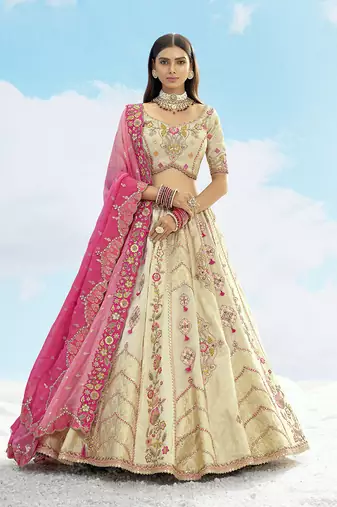 Cream & Pink Silk Wedding Lehenga Choli with Embroidery & Stone Work