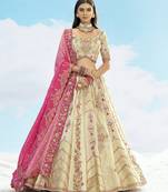 Cream & Pink Silk Wedding Lehenga Choli with Embroidery & Stone Work