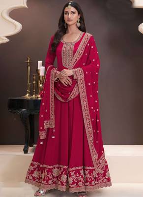 Red chinon embroidered designer anarkali suit 1