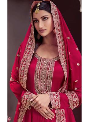 Red chinon embroidered designer anarkali suit 2