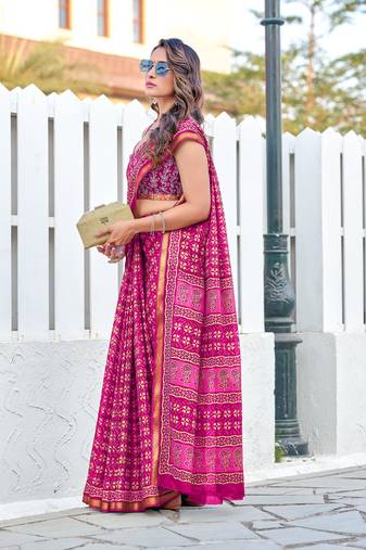Pink mulmul cotton printed zari border saree with unstitched printed blouse piece