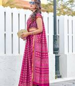 Pink mulmul cotton printed zari border saree with unstitched printed blouse piece