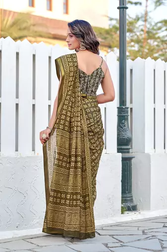 Green mulmul cotton printed zari border saree with unstitched printed blouse piece