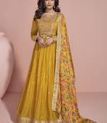 Yellow chinon silk embroidered designer anarkali suit