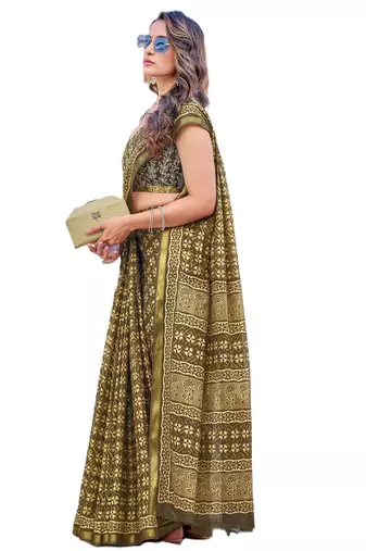 Green mulmul cotton printed zari border saree with unstitched printed blouse piece