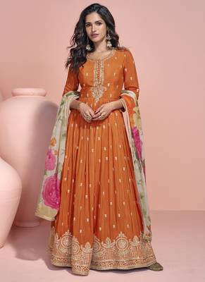 Orange chinon silk embroidered designer anarkali suit 1