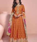 Orange chinon silk embroidered designer anarkali suit