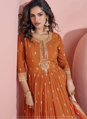 Orange chinon silk embroidered designer anarkali suit 2