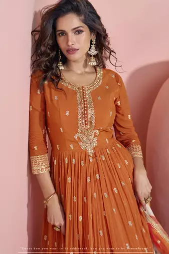 Orange chinon silk embroidered designer anarkali suit