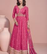 Pink chinon silk embroidered designer anarkali suit
