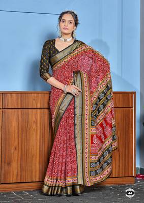 Red cotton ajrakh print saree with contrast blouse piece 1