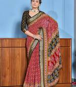 Red cotton ajrakh print saree with contrast blouse piece