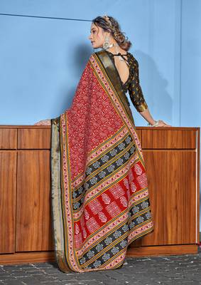 Red cotton ajrakh print saree with contrast blouse piece 2